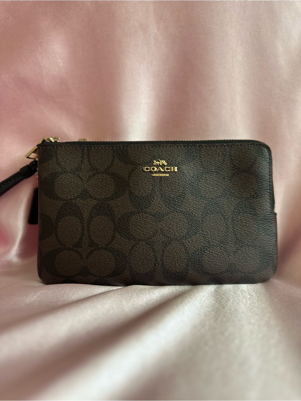 Coach Brown Signature Zip Wristlet with Gold Logo